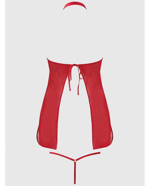 Dragon Mesh Applique Chemise G-String Set Red 3X 4X featuring a sheer mesh design and open back.