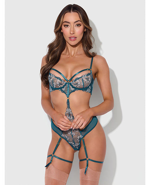 Nova Lace Teddy with Garters Jade Blue Medium showcasing exquisite lace and mesh design.