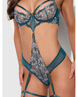 Nova Lace Teddy with Garters Jade Blue Medium showcasing intricate lace and mesh design, flattering hourglass silhouette.