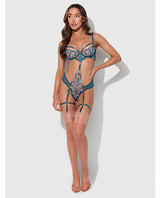 Nova Lace Teddy with Garters Jade Blue Medium worn by model, showcasing its intricate lace design and flattering fit.