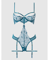 Nova Lace Teddy with Garters Jade Blue Medium featuring delicate lace and strategic cutouts for a flattering silhouette.