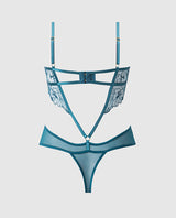 Nova Lace Teddy with Garters Jade Blue Medium showcasing lace and mesh design with strategic cutouts.