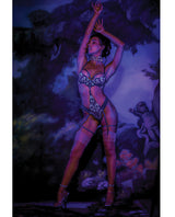 Model showcasing the Nova Lace Teddy with Garters Jade Blue Medium, featuring stunning embrace and alluring design.