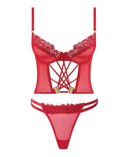 Ashley Alexiss Lace Up Bustier & Thong Set Red 1X 2X featuring lace-up detailing and high-cut thong.