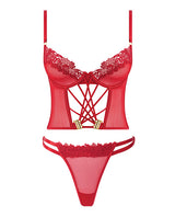 Ashley Alexiss Lace Up Bustier & Thong Set Red 1X 2X featuring lace-up detailing and high-cut thong.