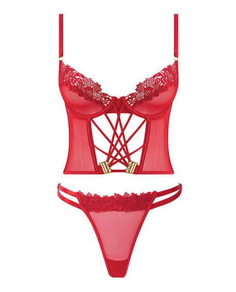 Ashley Alexiss Lace Up Bustier & Thong Set Red 1X 2X featuring lace-up detailing and high-cut thong.