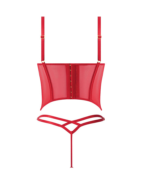 Ashley Alexiss Lace Up Bustier & Thong Set Red 1X 2X, featuring lace-up detail and soft mesh fabric.