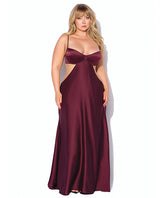 Brigeta Satin Cut Out Long Dress Burgundy 1X 2X shown on model, featuring a sweetheart neckline and dramatic long silhouette.