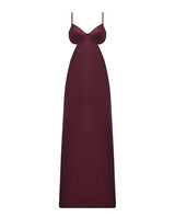 Brigeta Satin Cut Out Long Dress Burgundy 1X 2X featuring sweetheart neckline and satin fabric.