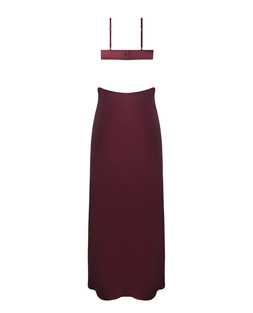 Brigeta Satin Cut Out Long Dress Burgundy 1X 2X, stylish and elegant floor-length satin gown in rich burgundy.