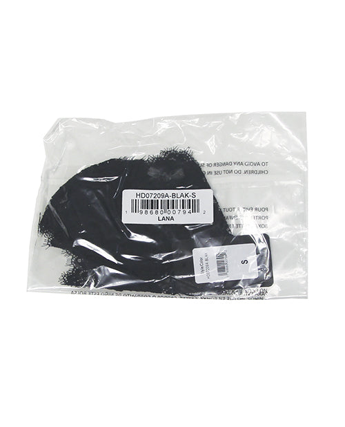 Lana Sheer Lace V-Thong Black Medium packaging displaying product details and size label in a clear plastic bag.