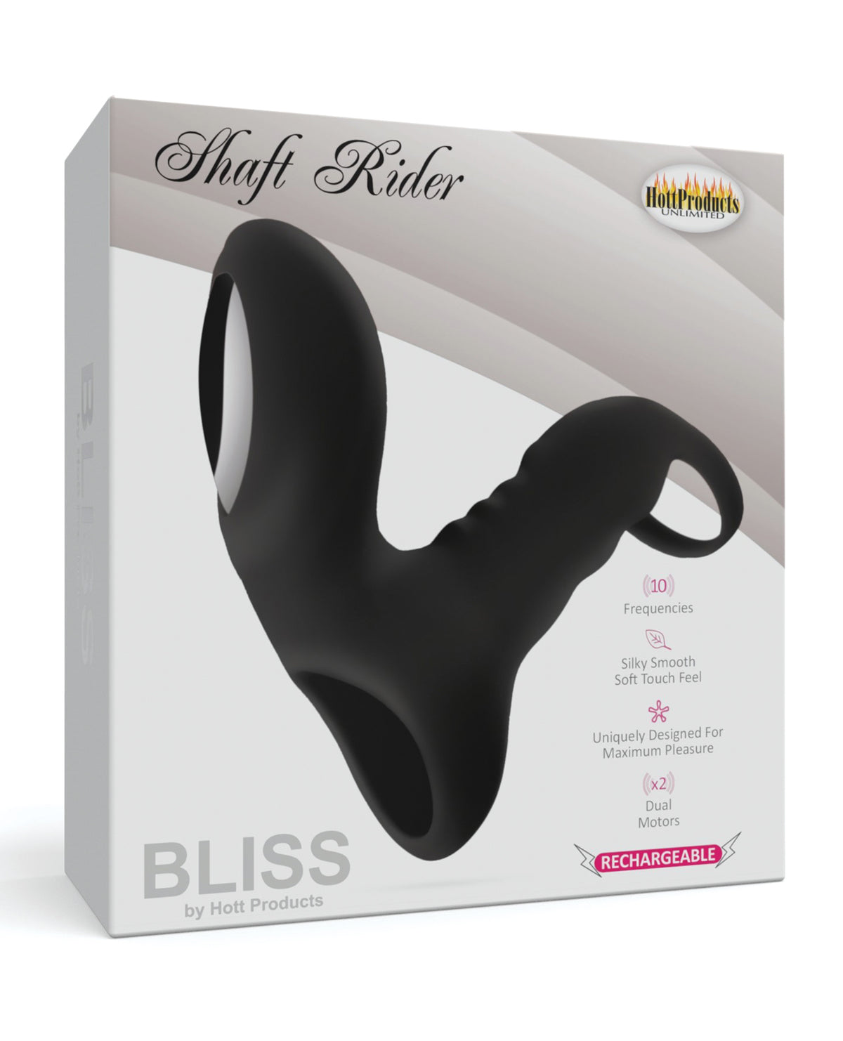 Bliss Shaft Rider Vibrating Cock Ring Sleeve Black on product packaging showcasing its features and design.