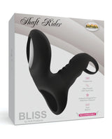 Bliss Shaft Rider Vibrating Cock Ring Sleeve Black on product packaging showcasing its features and design.