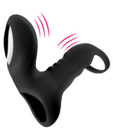 Bliss Shaft Rider Vibrating Cock Ring Sleeve Black with dual motors and 10 vibration modes for shared stimulation.