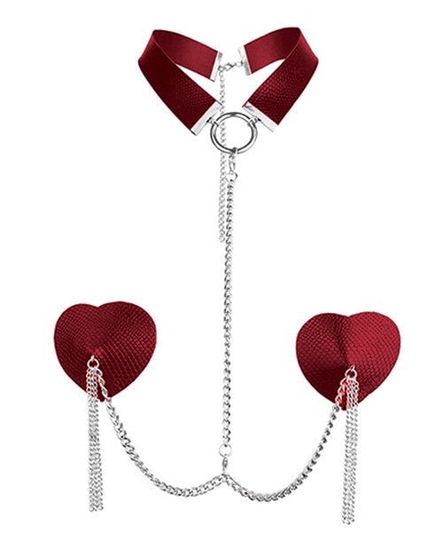 Nipplicious Dominatrix Leather Collar & Pasties Chain Red, featuring red leather collar and heart pasties with chains.