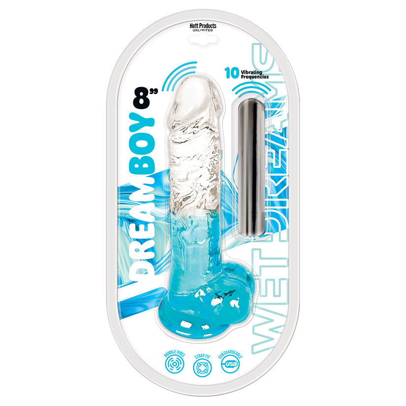 Wet Dreams Dream Boy 8 Inch Vibrating Jelly Dildo Aqua in packaging showcasing its lifelike design and powerful vibration features.