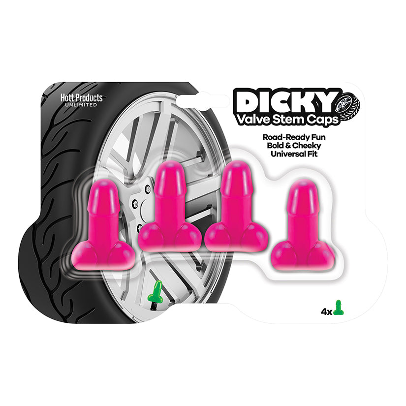 Dicky Valve Stem Caps Pink 4 Pack featuring playful penis-shaped tire valve caps for a cheeky accessory.
