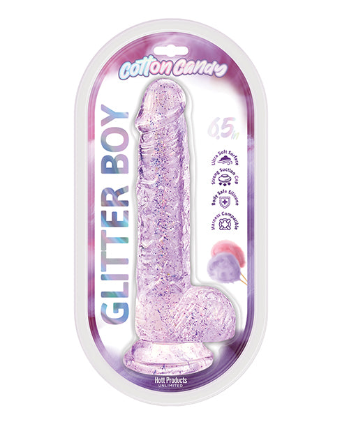 Cotton Candy Glitter Boy Suction Cup Dildo 7 inches Pink in packaging with glitter design