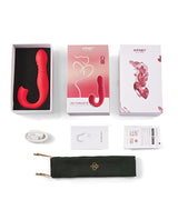 Joi Thrust 2 Thrusting G-Spot Vibrator & Clit Licker Red shown with packaging and accessories.