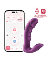 RORA 2 App-Controlled Rotating G-Spot Vibrator Purple next to app interface for interactive control.