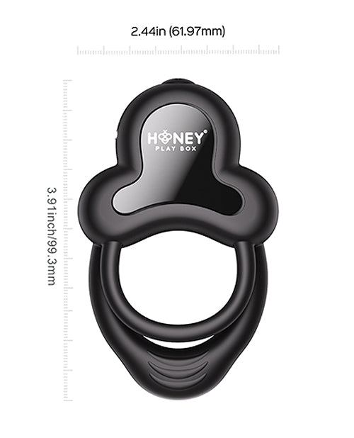 Anello Vibrating Double Cock Ring Clitoral Stimulator Black with measurements displayed.