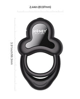 Anello Vibrating Double Cock Ring Clitoral Stimulator Black with measurements displayed.