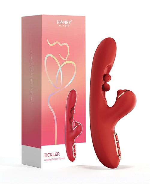 Tickler Wiggling G-Spot & Tapping Clitoral Vibrator Red packaging and product image from Honey Play Box.