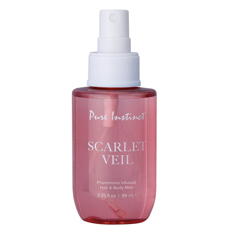 Pure Instinct Pheromone Hair & Body Mist Scarlet Veil 3.35 Oz in a spray bottle, showcasing its elegant design.