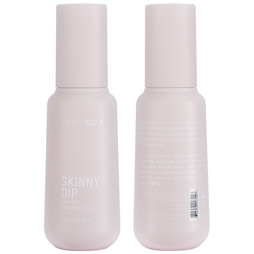 Simply Sexy Pheromone Hair & Body Mist Skinny Dip 3.35 Oz bottle with chic design and labels.