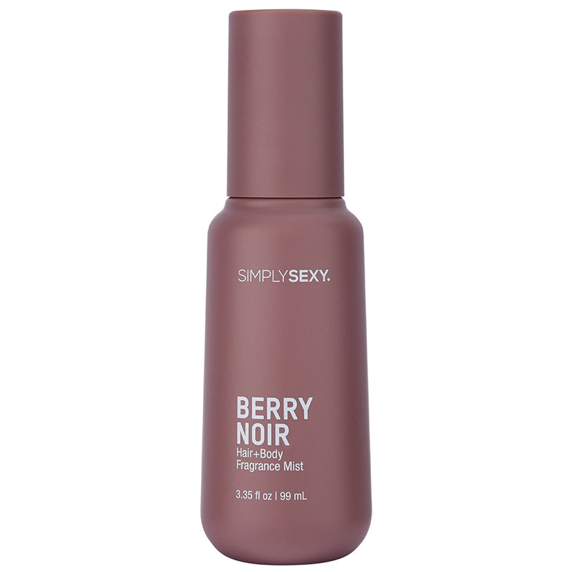 Simply Sexy Pheromone Hair & Body Fragrance Mist Berry Noir 3.35 Oz in a sleek brown bottle with a modern design.