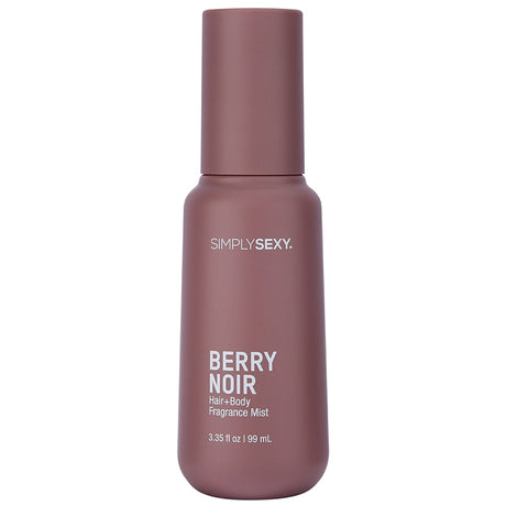Simply Sexy Pheromone Hair & Body Fragrance Mist Berry Noir 3.35 Oz in a sleek brown bottle with a modern design.