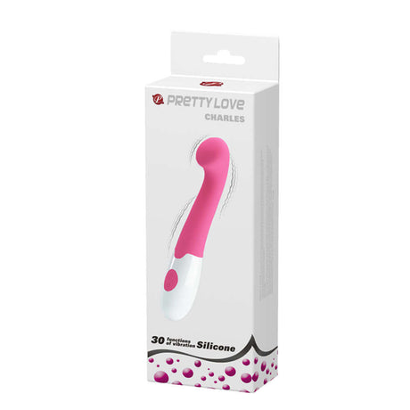 Pretty Love Charles 30 Function Silicone Vibrator Pink packaging featuring a sleek design and vibrant color.