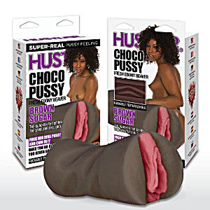 Hustler Brown Sugar Choco Pussy realistic ebony masturbator with textured opening for lifelike experience.