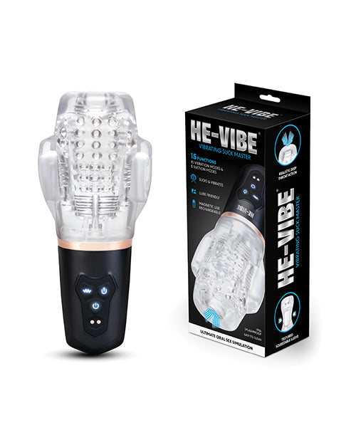 He-Vibe Vibrating Suck Master Male Masturbator with packaging showcasing powerful suction and vibration settings.