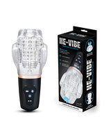 He-Vibe Vibrating Suck Master Male Masturbator with packaging showcasing powerful suction and vibration settings.