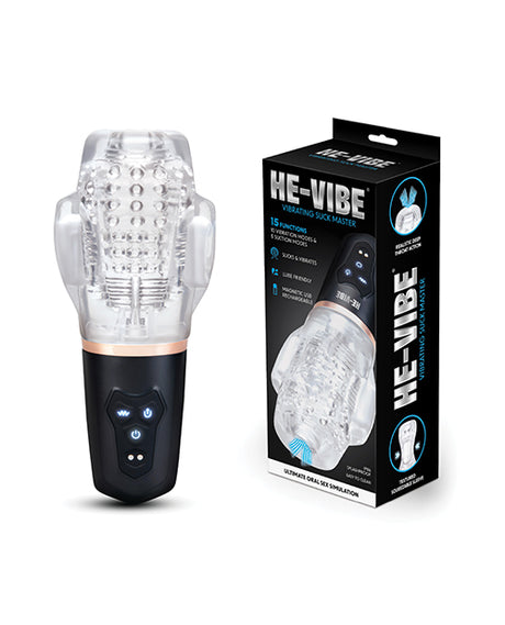 He-Vibe Vibrating Suck Master Male Masturbator with packaging showcasing powerful suction and vibration settings.