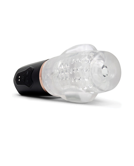 He-Vibe Vibrating Suck Master Male Masturbator with transparent design and control buttons.