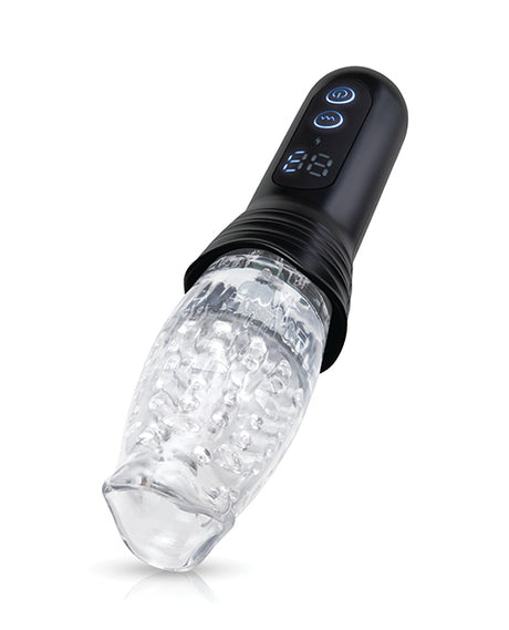 He-Vibe The Original Gluk Gulk Thrusting Oral Masturbator with clear sleeve and control panel.