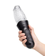 He-Vibe The Original Gluk Gulk Thrusting Oral Masturbator held in hand, showcasing its realistic design and controls.