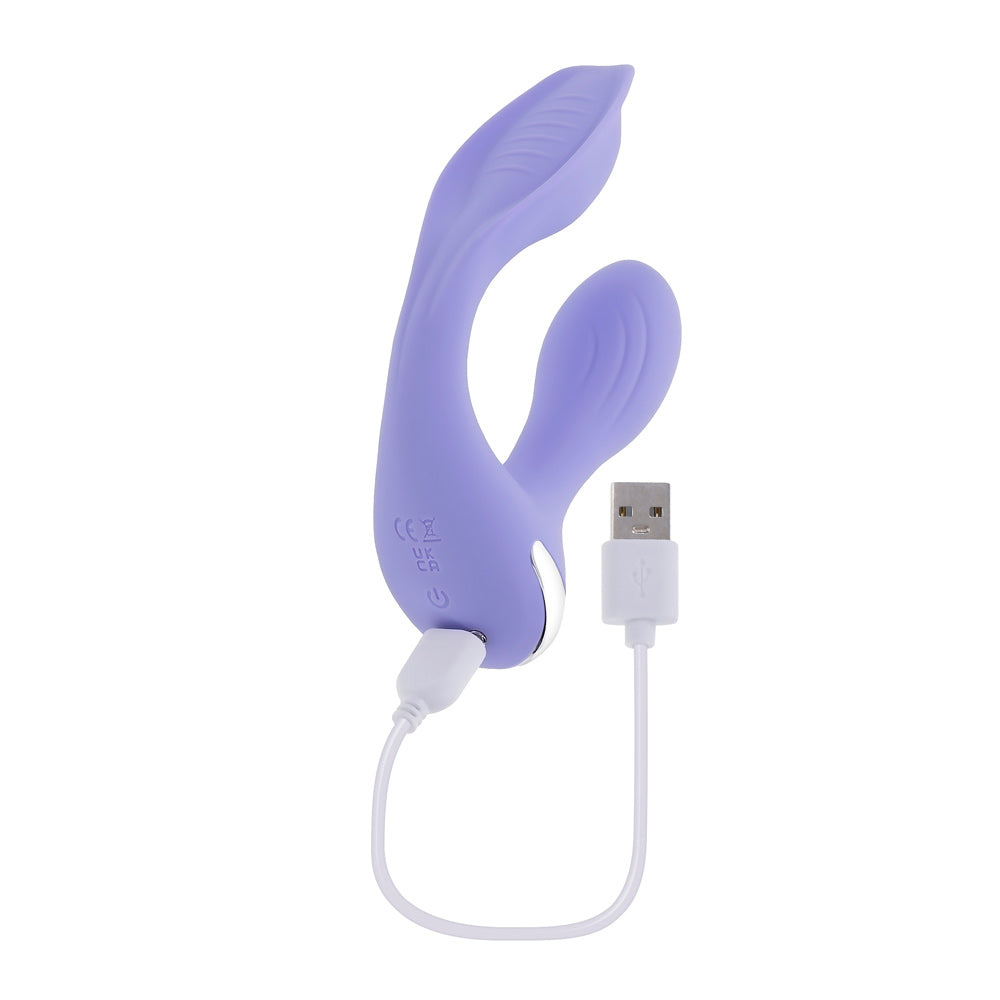 Every Way Play Wearable Vibrator with Remote Lilac with USB charging cable, showcasing its sleek design and color.