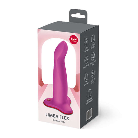 Fun Factory Limba Flex M Bendable Dildo Magenta packaging display with product image.