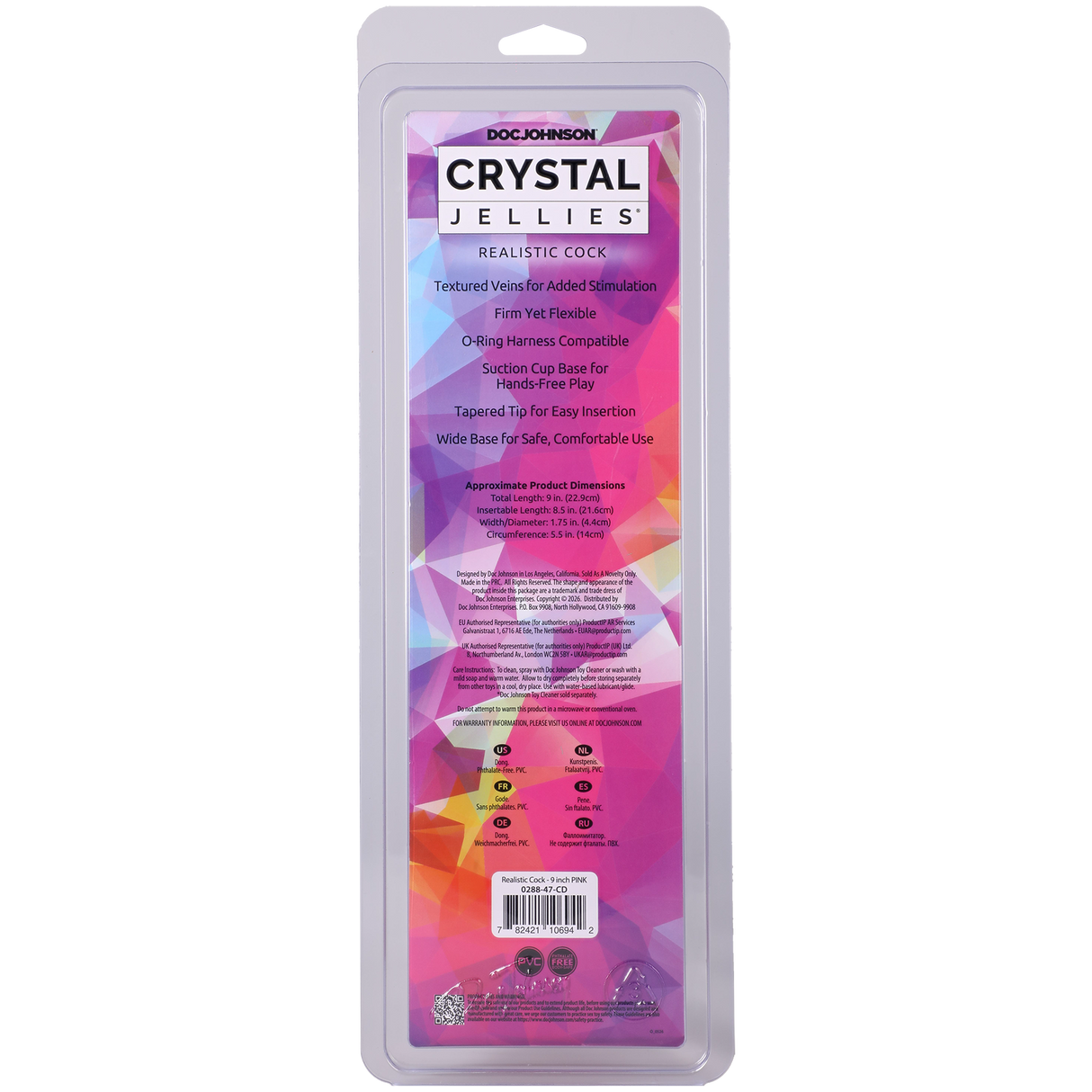 Crystal Jellies Realistic Cock 9 Inch Pink packaging featuring textured veins for stimulation and tapered tip for easy insertion.