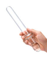Glas 9.25 Inch Classic Smooth Dual-Ended Dildo Clear being held, showcasing its sleek design and smooth surface.