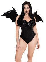 Leg Avenue Wet Look Strapless Bat Wings Black worn by a model showcasing dramatic bat wing accessory for Halloween.