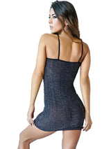 Savage Lingerie Halter Shimmery Mini Dress Black, showcasing its flattering design and shimmer effect from the back.