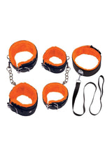 Orange Is The New Black Restrain Yourself Bondage Kit featuring wrist cuffs, ankle cuffs, collar, and leash.