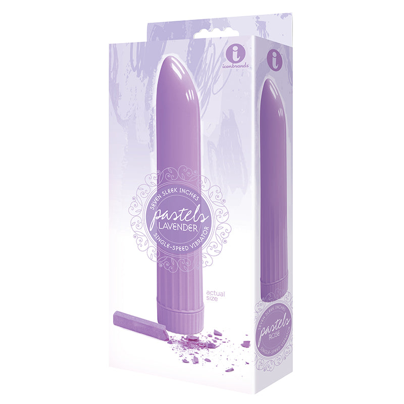 The 9's Pastel Vibes Lavender Single Speed Vibrator packaging showcasing its sleek design and lavender color.