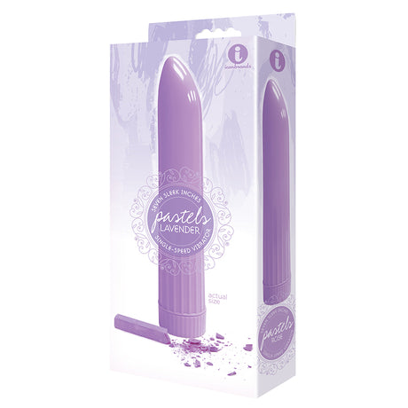 The 9's Pastel Vibes Lavender Single Speed Vibrator packaging showcasing its sleek design and lavender color.