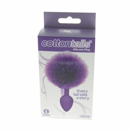 The 9's Cottontails Silicone Bunny Tail Butt Plug Purple packaging with fluffy purple tail design.