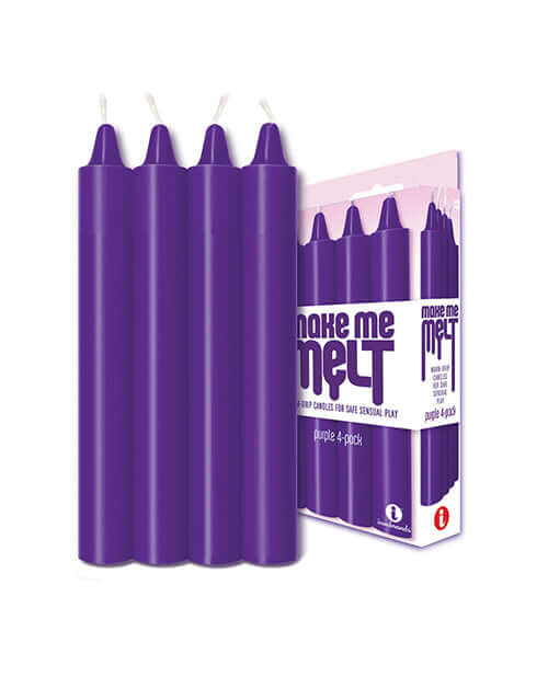 Make Me Melt Sensual Warm-Drip Candles Purple Pack of 4 in packaging and displayed on a white background.